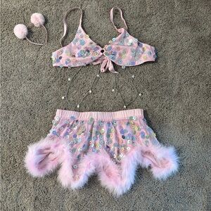 iHeartRaves Pink Floral Bra and Skirt Set with Fur Trim Size 1x